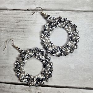 Beaded Hoop Drop Earrings in Silver and White